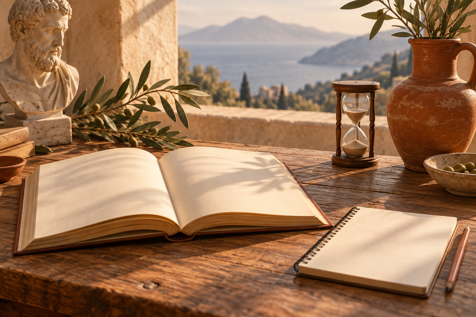 Книга, блокнот и песочные часы для вдумчивого чтения